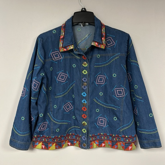 Vintage 80s 90s Norm Thompson Funky Embroidered Denim Jacket 1X, EUC! - Picture 1 of 13